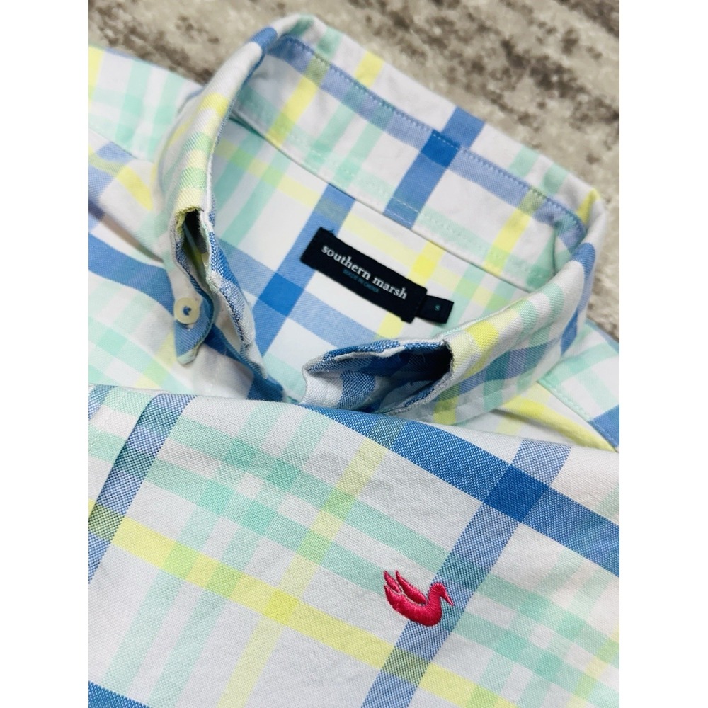 Southern Marsh Button Down Shirt Mens S White Plaid Long Sleeve Cotton Oxford